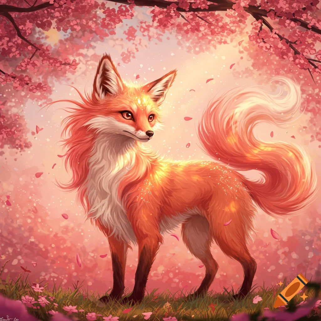 A vibrant, stylized orange fox with glowing fur stands in a field of pink flowers under cherry blossom branches with falling petals.