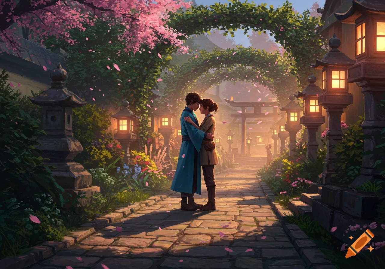A couple embraces in a beautiful fantasy Japanese garden, surrounded by cherry blossoms, glowing lanterns, and a distant torii gate.