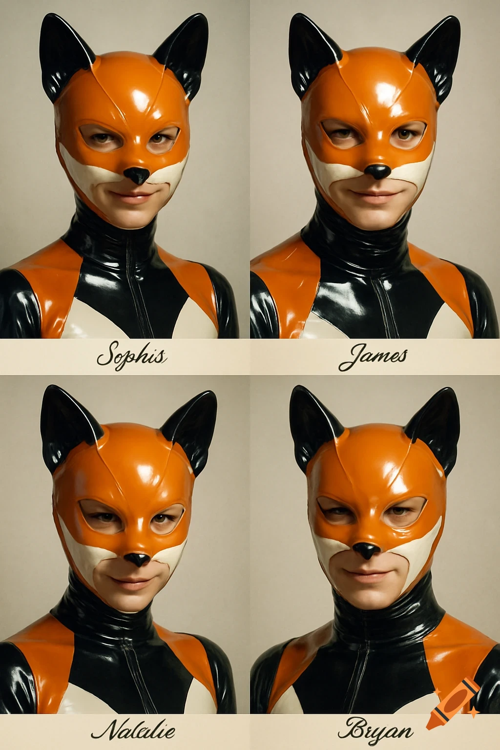 Four photorealistic close-up portraits show individuals in shiny orange, black, and white latex fox suits and masks, yearbook style, with names below.