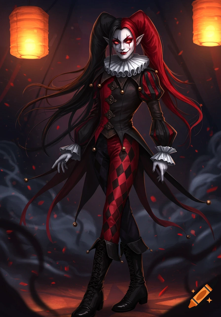 A female jester with split red and black hair, pale skin, red eyes, and a ruff collar, wearing a black and red suit with diamond patterns, stands under two glowing orange lanterns.