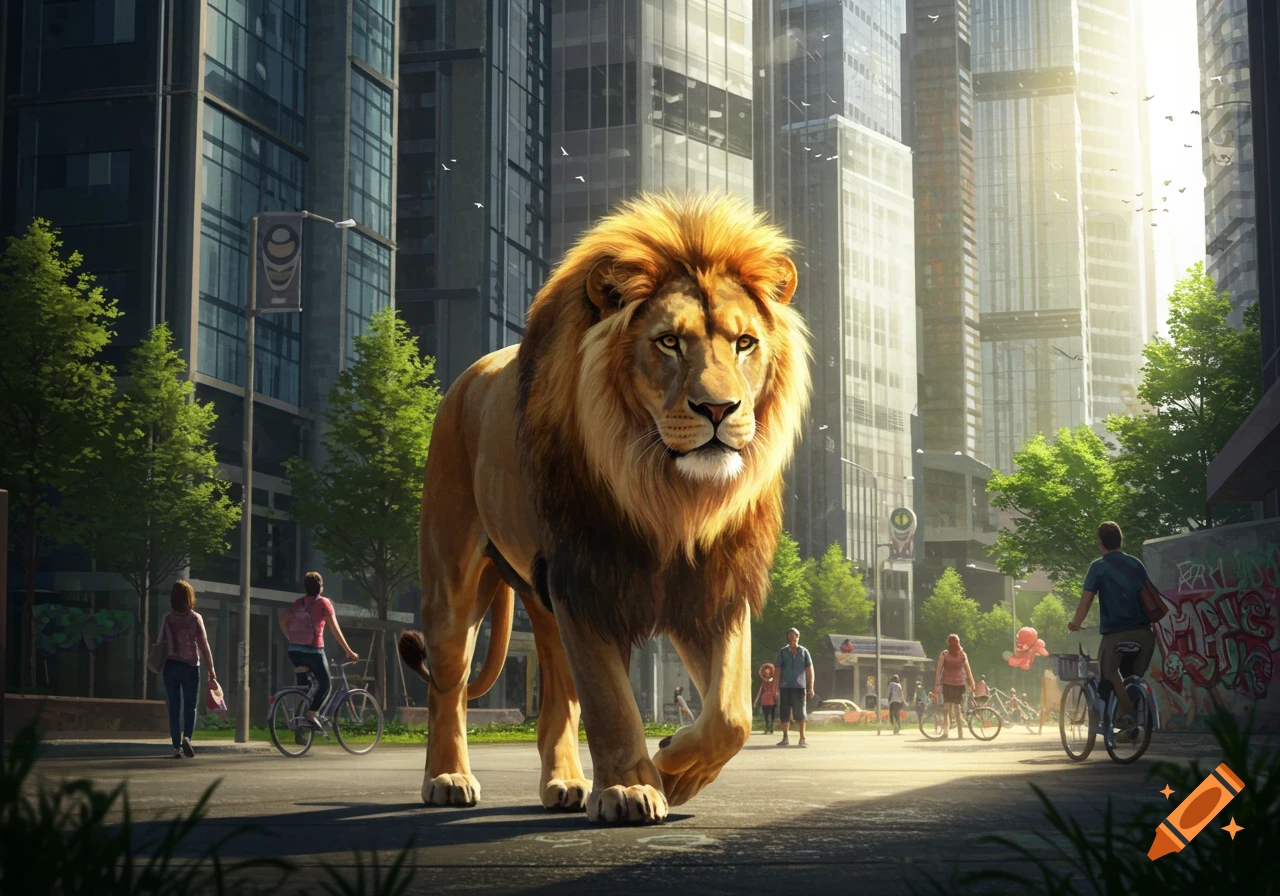 A majestic lion walks confidently down a city street, dwarfing people on bicycles and sidewalks, with tall buildings under a bright sky in the background.