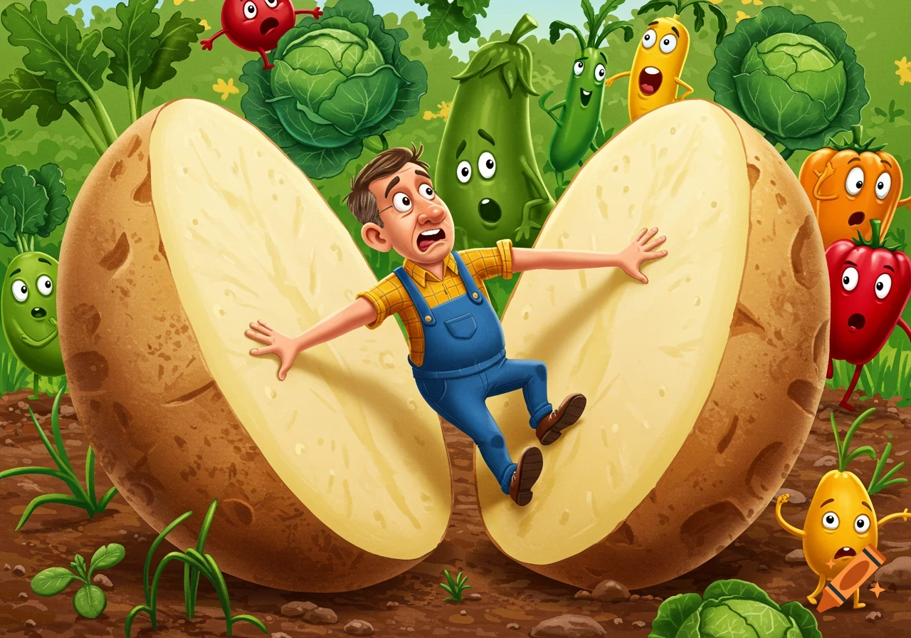A cartoon farmer is stuck between two giant potato halves, surrounded by surprised anthropomorphic vegetables in a garden.