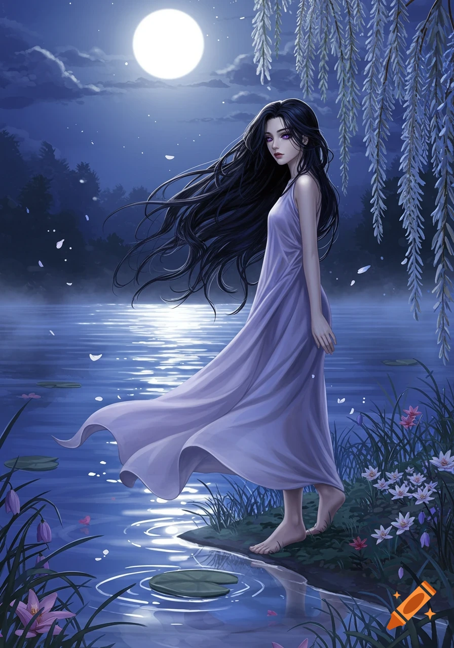 An anime-style woman with long dark hair and a flowing lavender dress stands barefoot by a moonlit lake at night, with willow branches overhead.