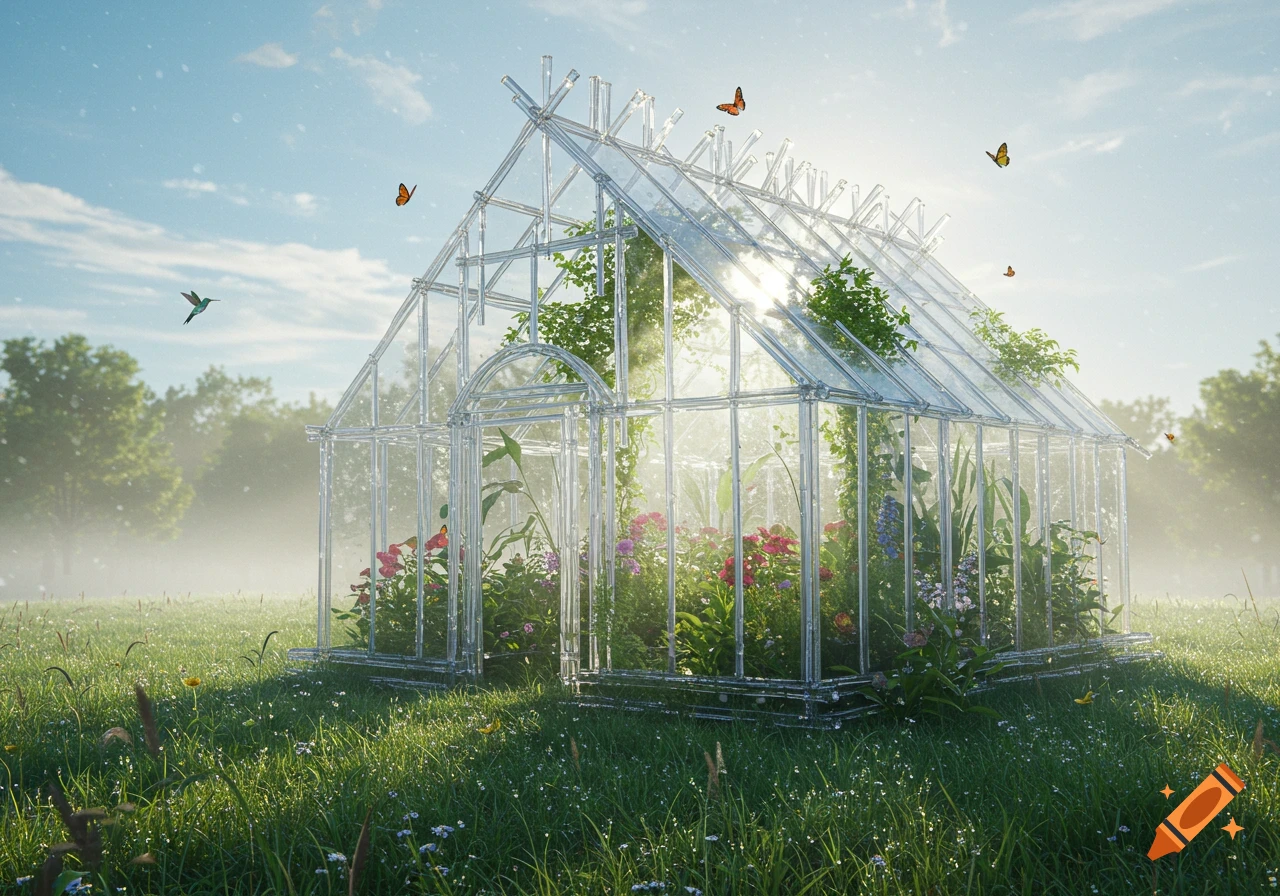 A transparent greenhouse filled with colorful flowers and green plants stands in a sunny, lush meadow with butterflies and a hummingbird.