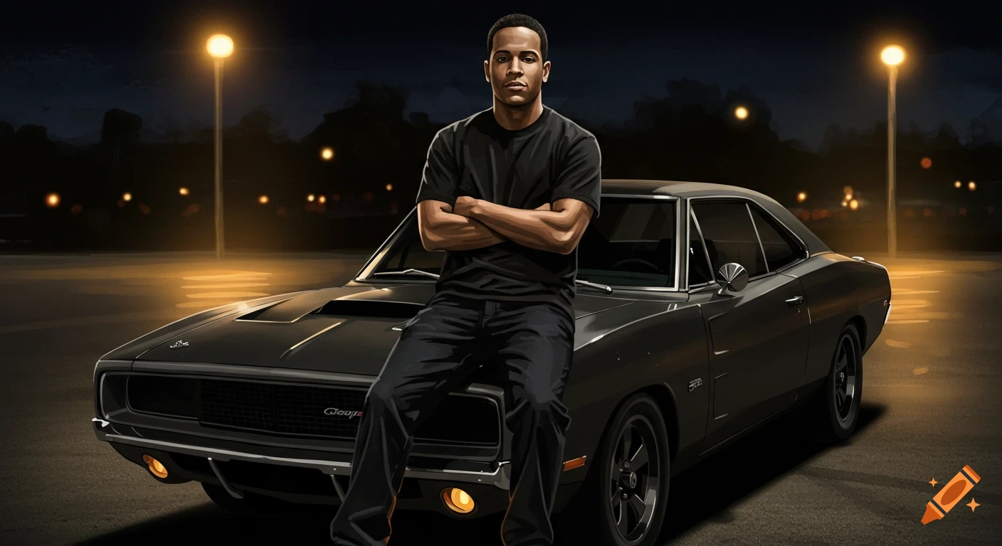 A man with crossed arms sits on a black vintage Dodge Charger at night, lit by streetlights, digital art style.