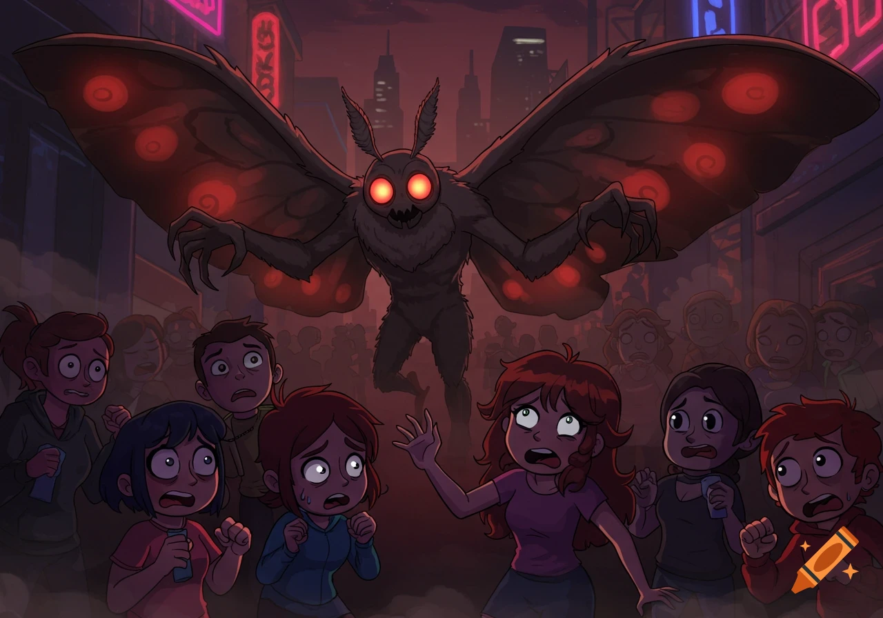 A large Mothman with glowing red eyes scares a crowd of people in a dark, neon-lit city street in a cartoon style.