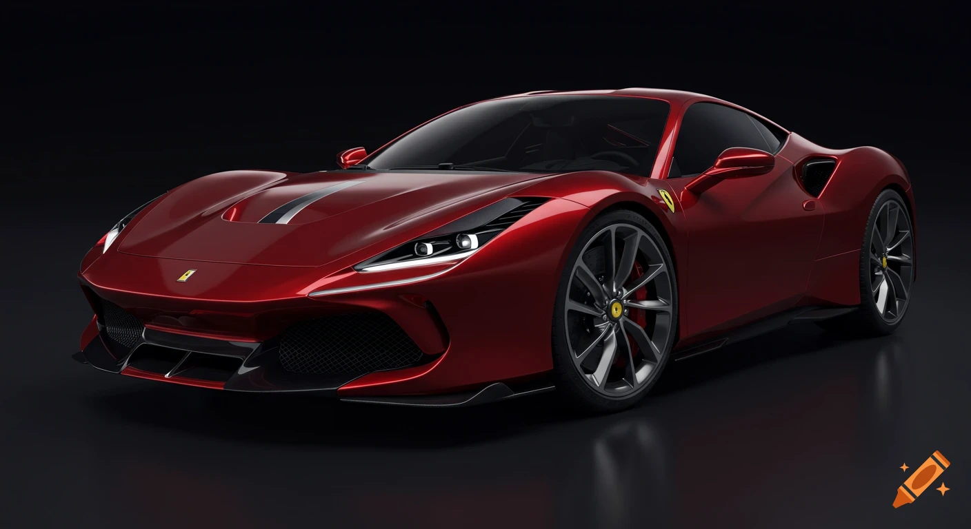 A sleek, photorealistic red Ferrari F8 concept hypercar with black accents and a dark background in a studio setting.