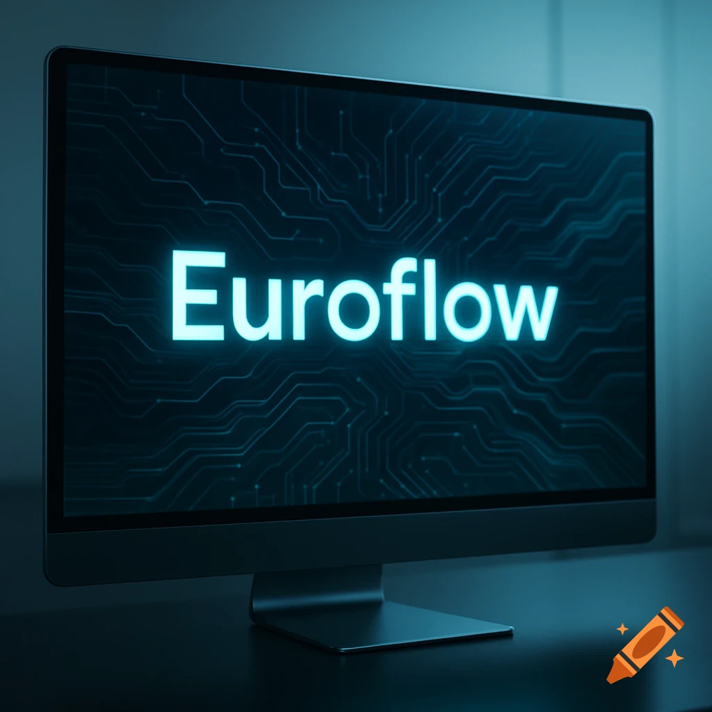 A sleek, futuristic computer monitor displays the glowing word "Euroflow" against a circuit board background.