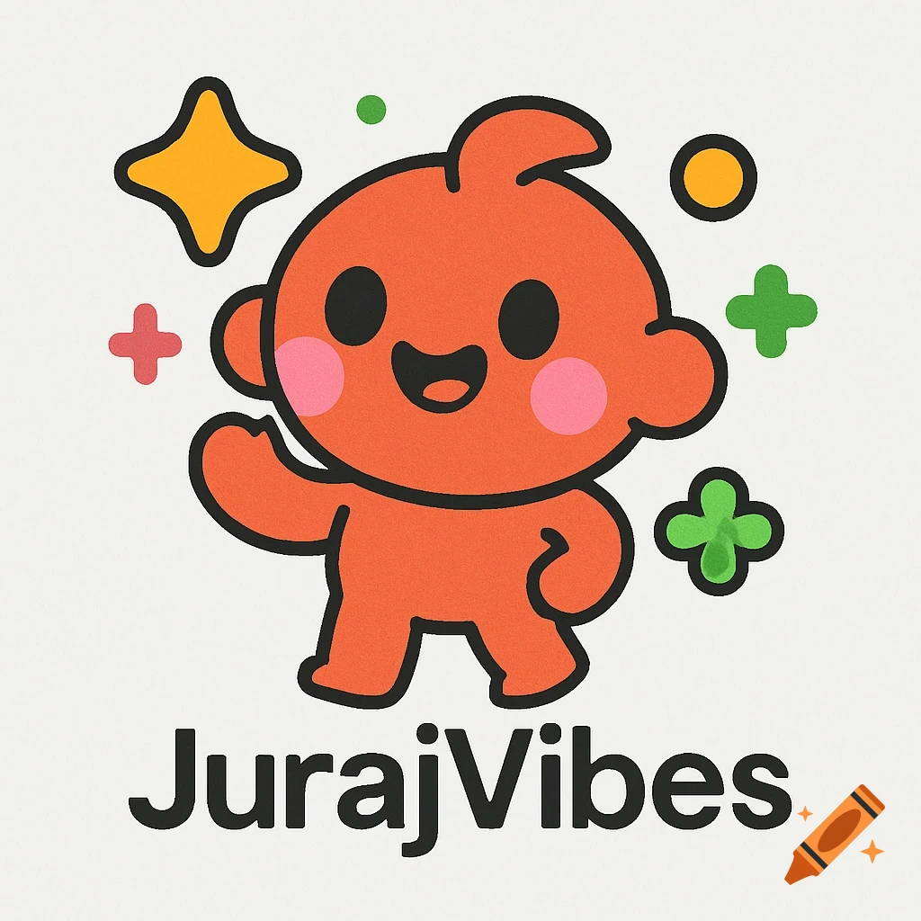A cute, minimal orange cartoon character waving, with a happy expression and sparkling elements, above the text "JurajVibes" on a white background.