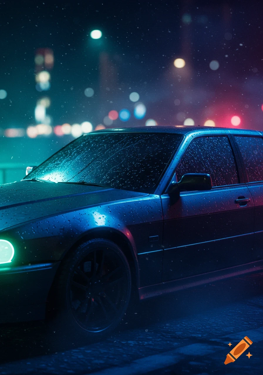 A dark car parked on a rainy street at night, illuminated by neon lights and reflections.