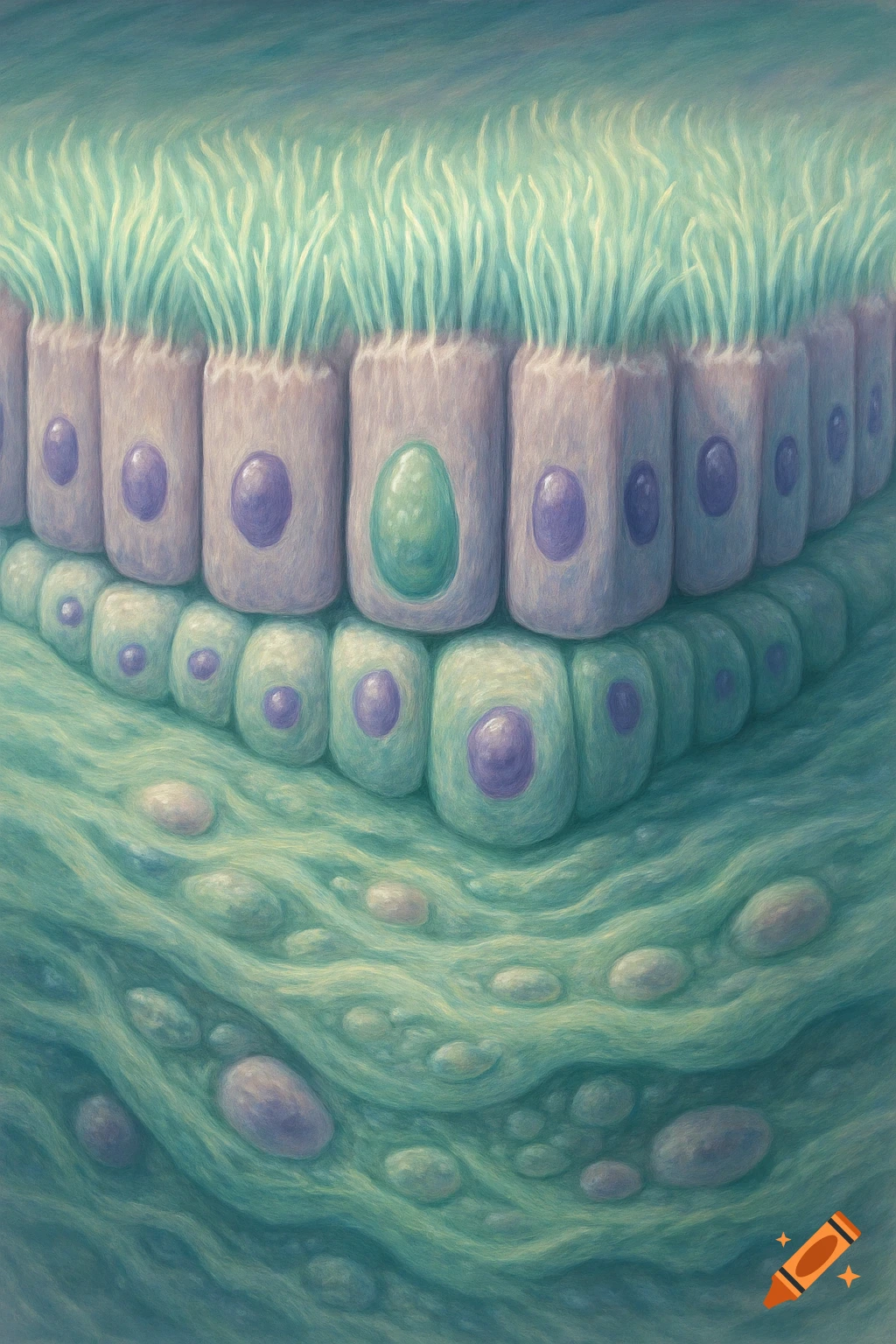 Stylized microscopic illustration of human airway epithelium, showing rows of cells with nuclei and cilia-like structures on a wavy green extracellular matrix.