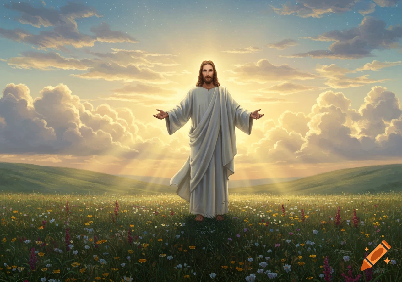 Jesus Christ stands with outstretched arms in a vibrant wildflower field at sunset, with golden light rays from behind clouds.