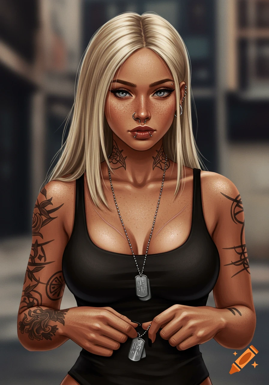 Digital art portrait of a blonde woman with numerous piercings and tattoos, wearing a black tank top and holding military dog tags.