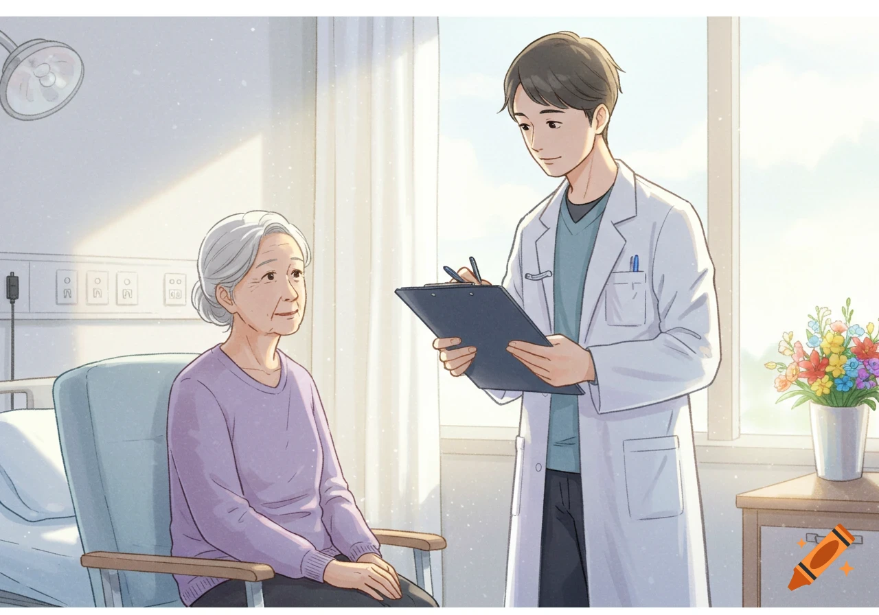 A male doctor in a white coat talks to an elderly woman seated in a hospital room, in an animated illustration style.