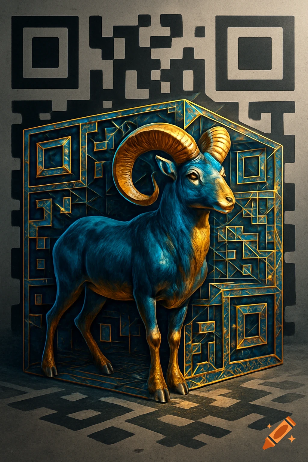A blue and gold ram stands inside a blue and gold geometric box, with a large, stylized black QR code pattern in the background and on the floor.