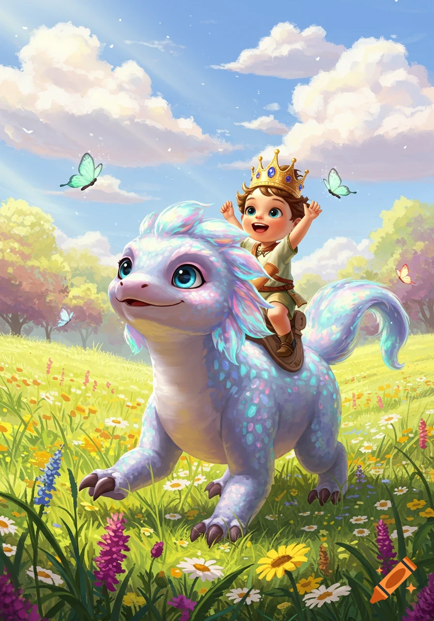A happy child with a crown rides a shimmering, iridescent fantasy creature through a vibrant, flower-filled meadow.
