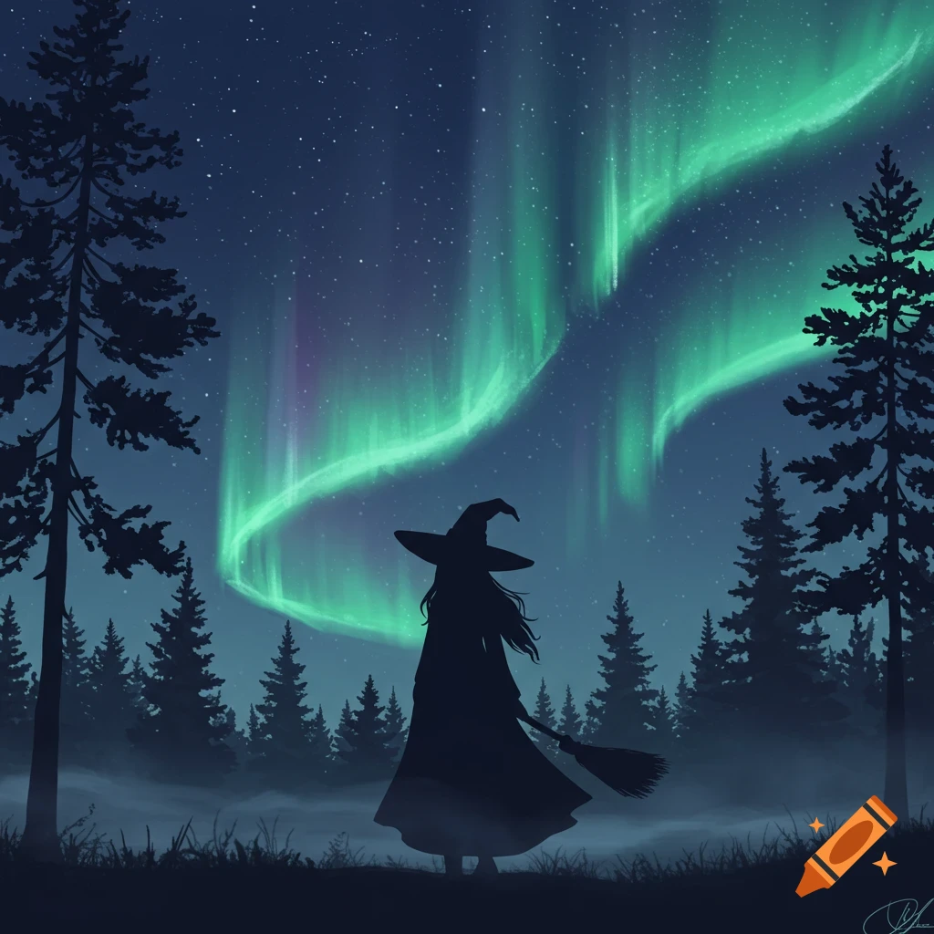 A silhouette of a witch with a broom in a dark forest, looking up at the vibrant green Northern Lights in the night sky. Illustration.