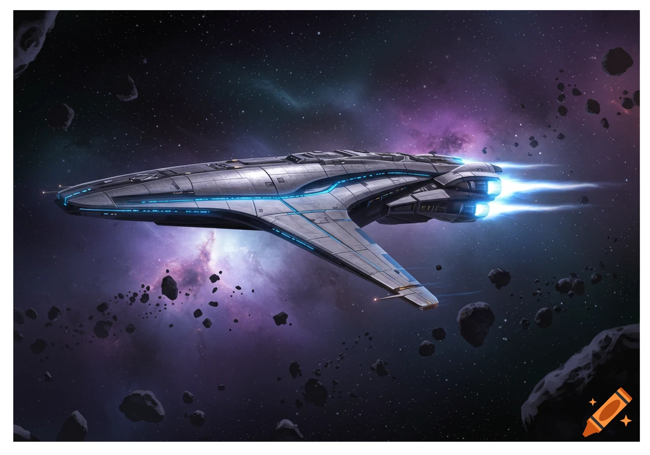 A detailed, futuristic silver spaceship with blue accents flies through a starry space with colorful nebulas and asteroids.