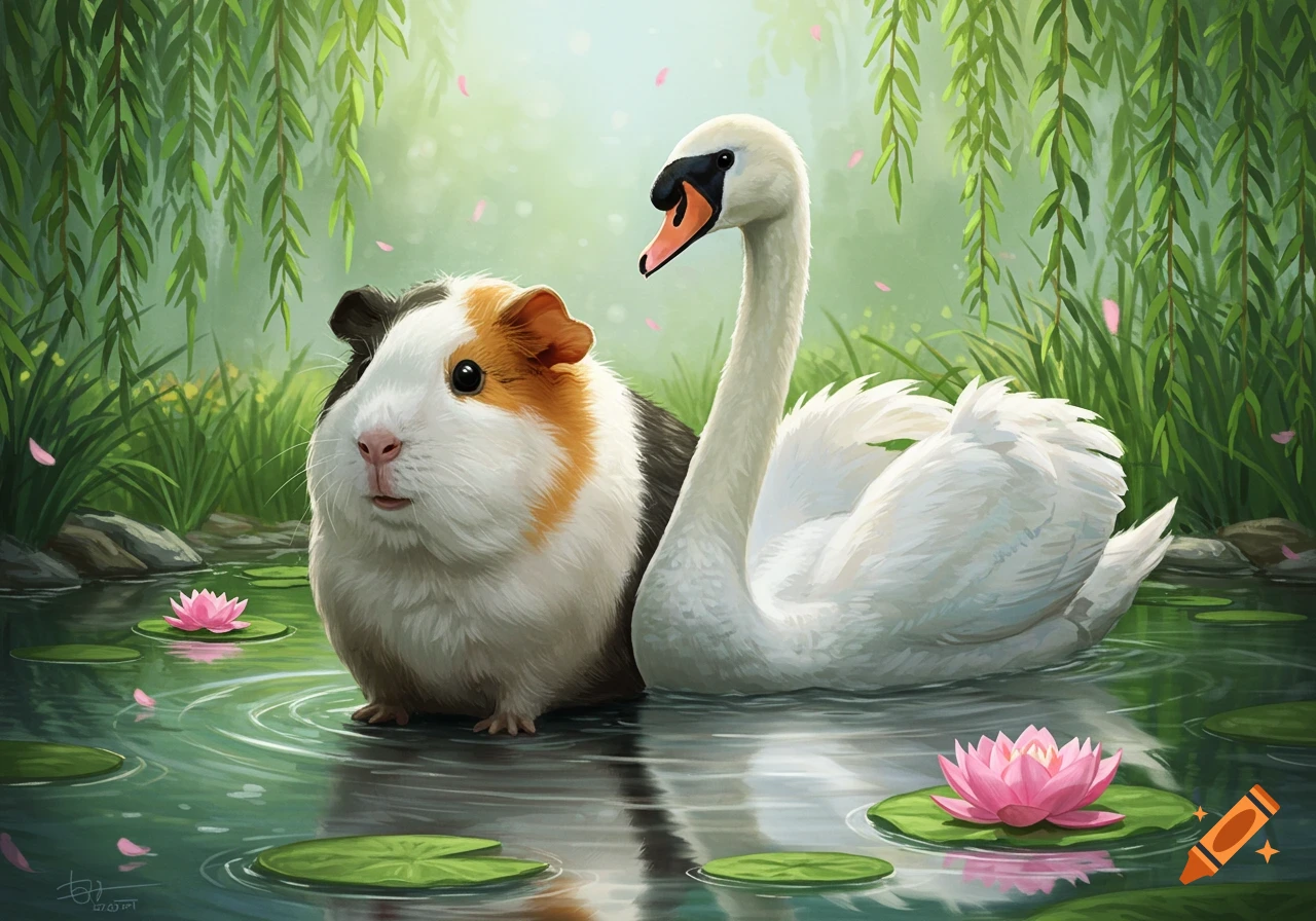 A guinea pig and a white swan share a serene pond with pink water lilies and weeping willows in a lush forest, digital painting.
