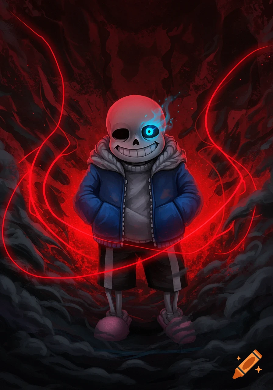 Sans, the skeleton from Undertale, in a blue jacket with a glowing blue eye, wide smile, and red energy surrounding him against a dark red background.
