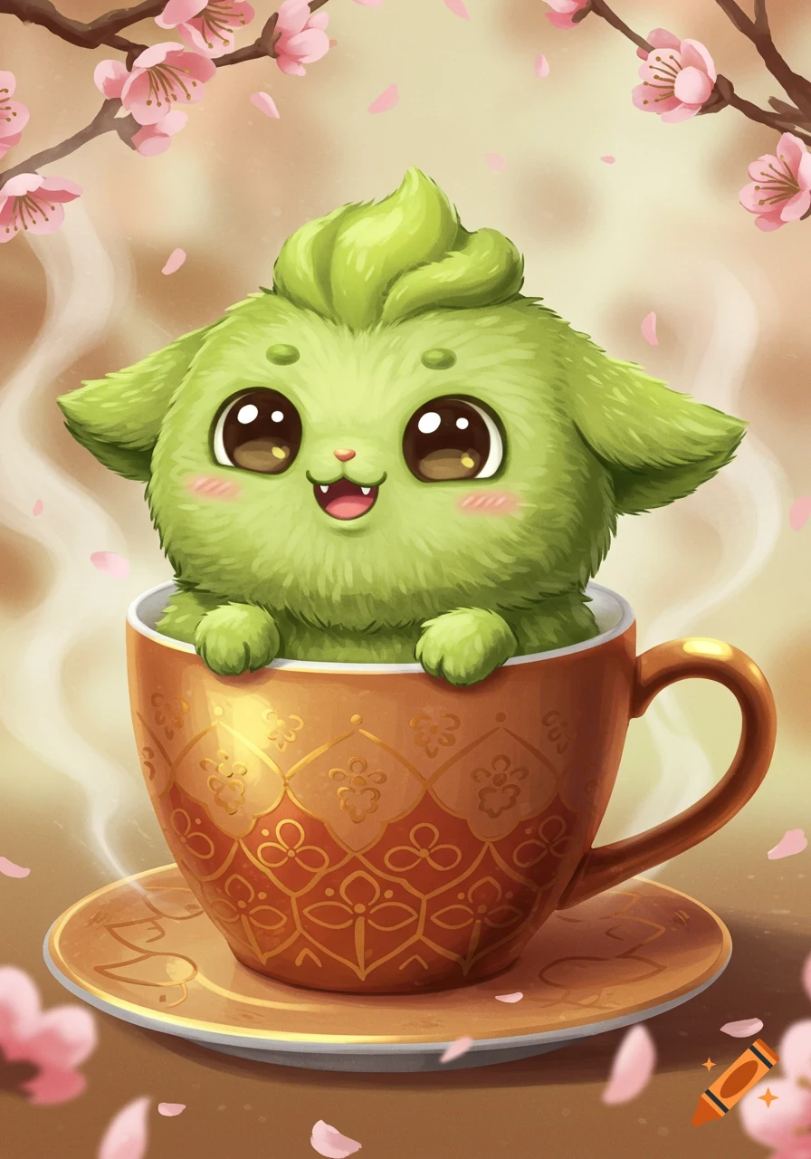 A cute, fluffy green creature with big eyes peeking out of a decorative orange teacup, surrounded by steam and pink cherry blossoms.