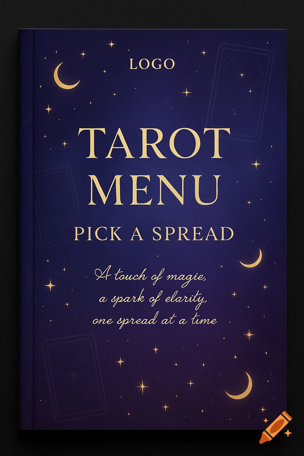 A mystical dark blue book cover with gold text 'Tarot Menu: Pick a Spread', stars, crescent moons, and faint tarot cards.