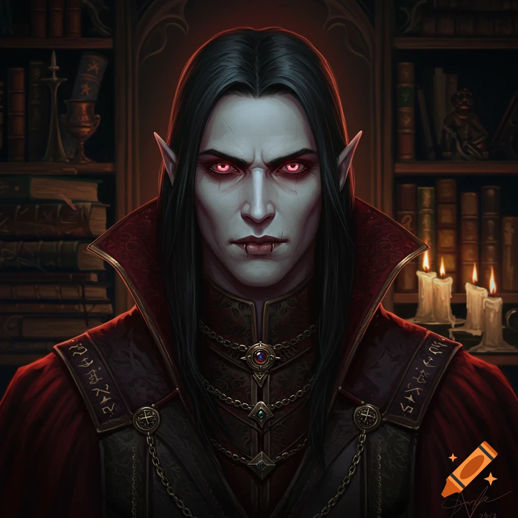 A dark fantasy portrait of a male vampire with glowing red eyes, pale skin, fangs, and long black hair, wearing a regal red and black coat, standing in front of bookshelves and candles.