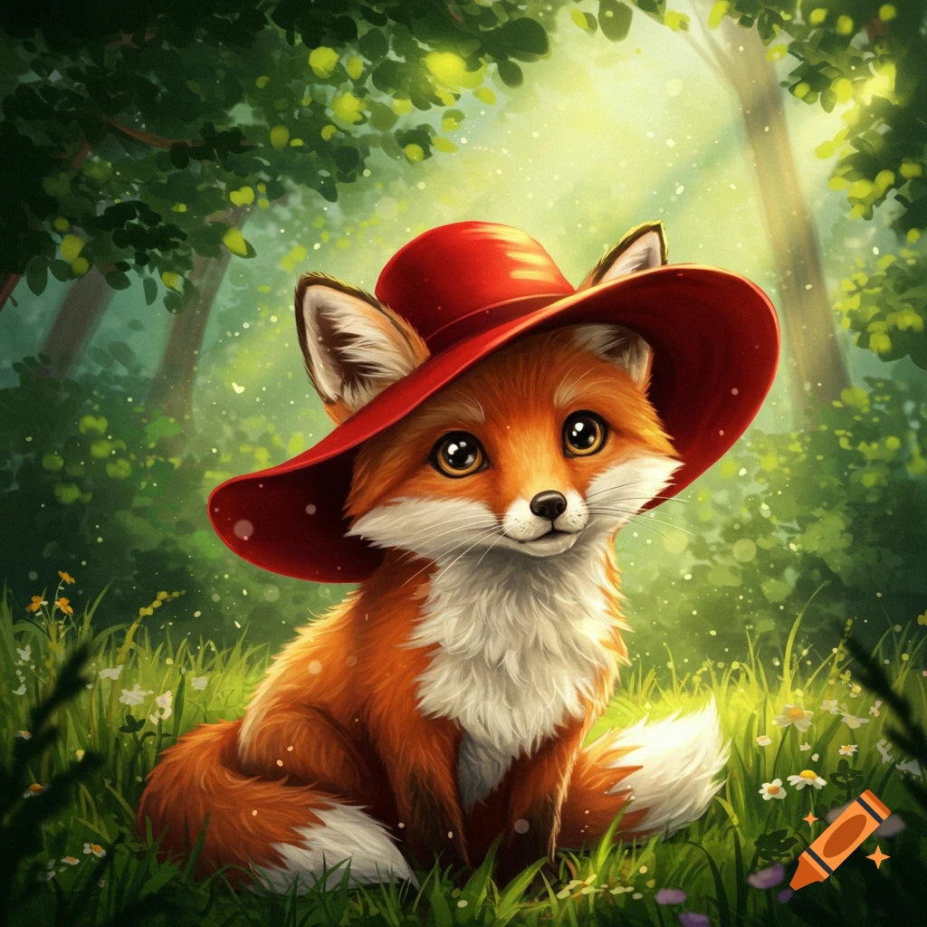 An adorable illustrated fox wearing a red hat, sitting in a sunlit green forest.
