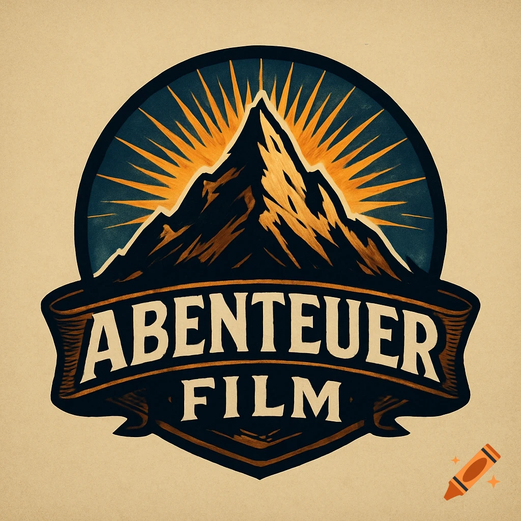 Vintage-style 'Abenteuer Film' logo with a dark mountain and sunburst in a blue circle, text on a ribbon banner.