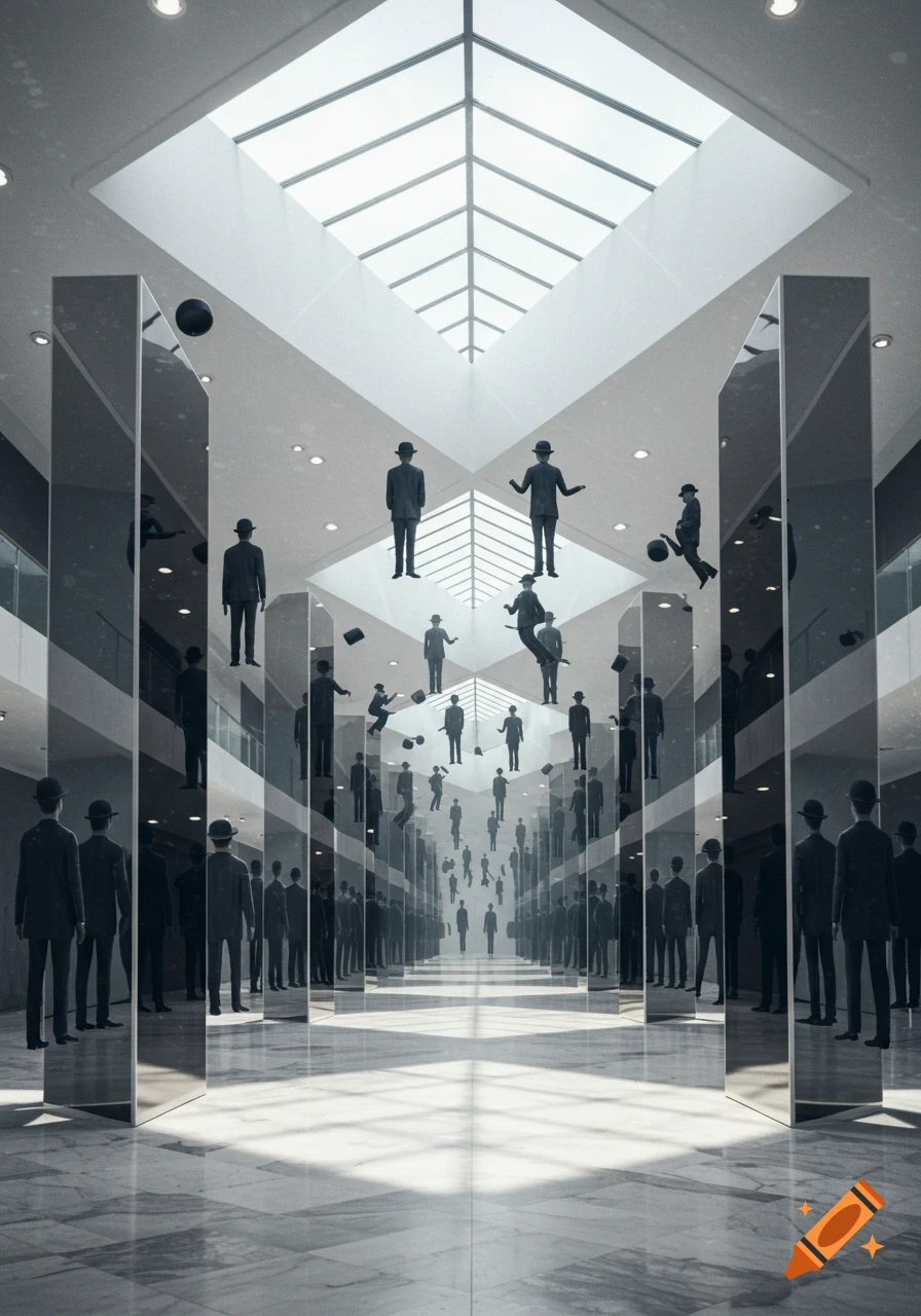 A surreal architectural hall inspired by Magritte's Golconda, with many men in bowler hats and suits floating and standing in mid-air.