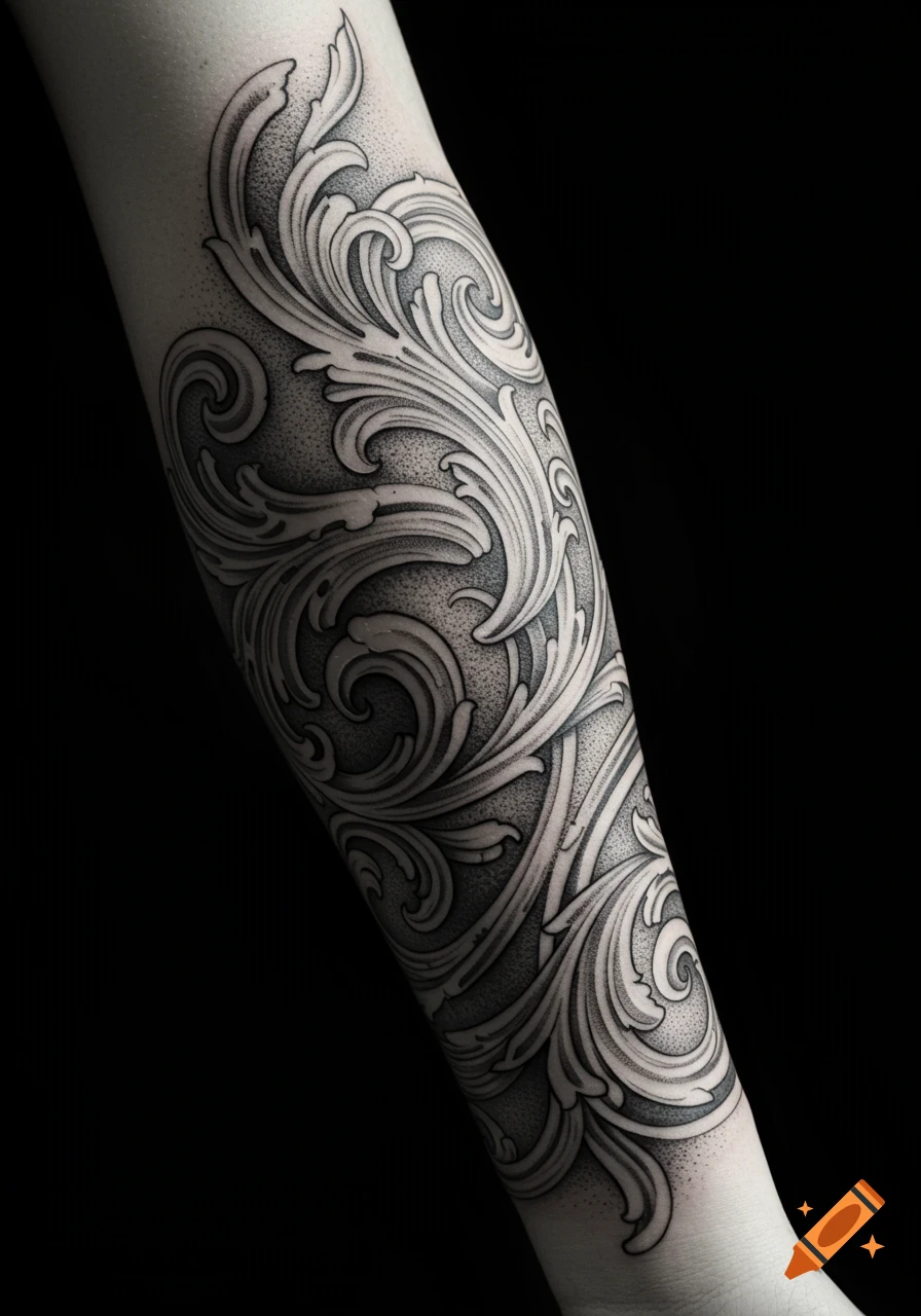 Realistic black and white ornamental tattoo with scrolling filigree and stippling on a forearm.