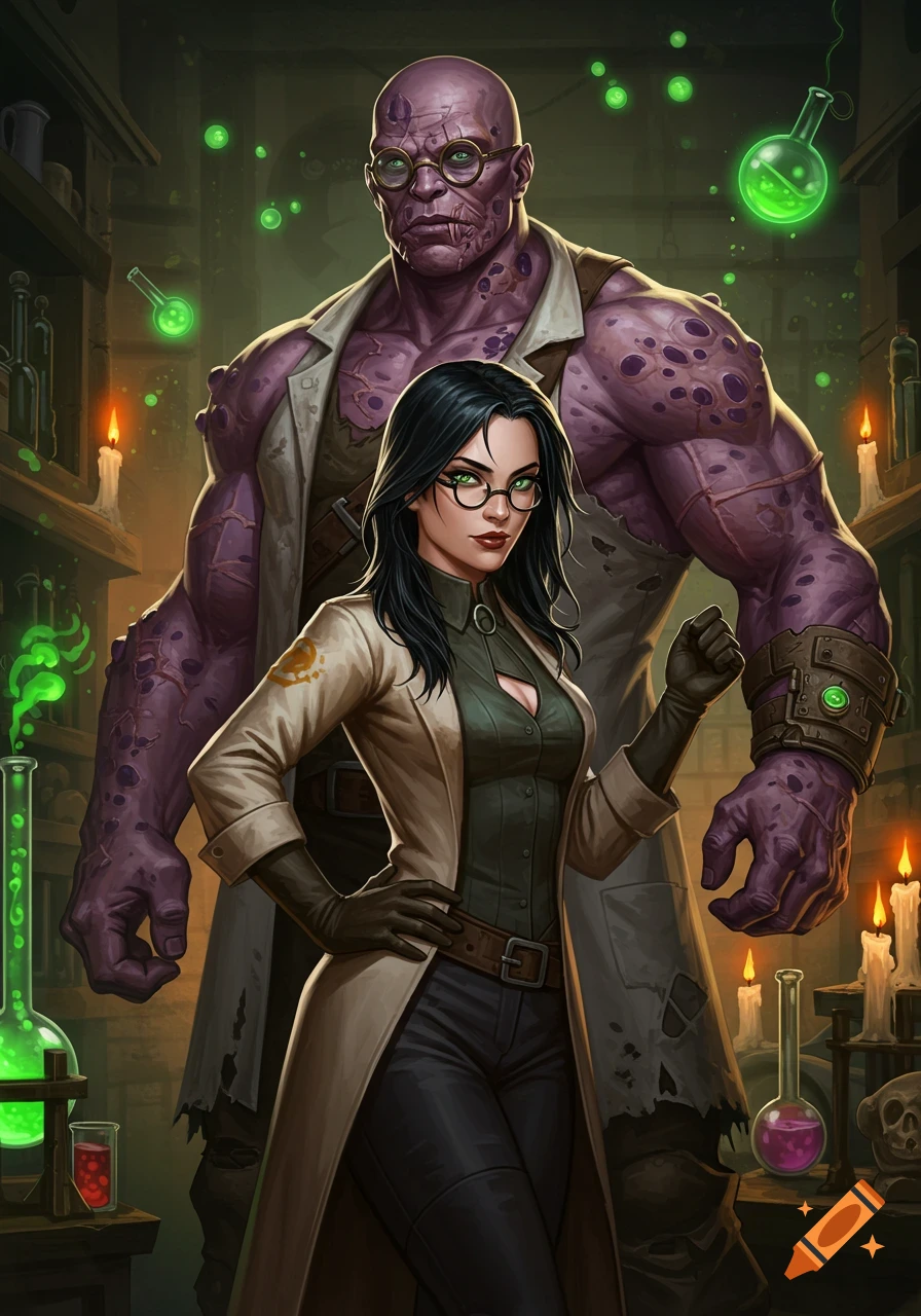 Two characters, a female scientist with black hair and glasses and a large purple-skinned mutant, stand in a dimly lit laboratory filled with glowing potions and candles in a detailed fantasy art style.
