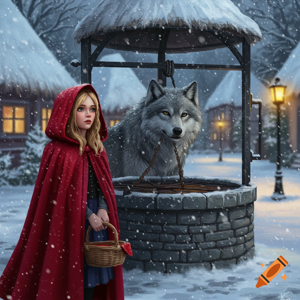 A young girl in a red hooded cloak holds a basket near a medieval well with a large gray wolf in a snowy village scene.