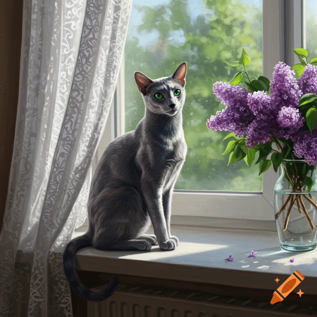 A gray cat with green eyes sits on a sunlit windowsill next to a vase of purple lilacs and white lace curtains, looking forward.