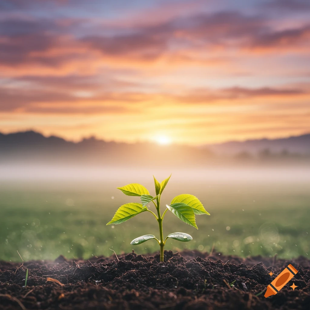 Close-up of a green plant seedling in soil with water droplets, against a misty field and vibrant sunrise sky.