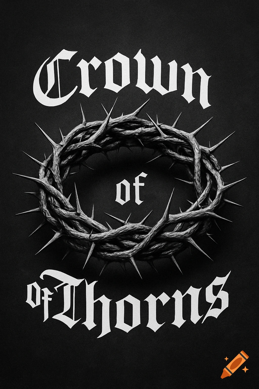 Black and white image of a crown of thorns, with the text "Crown of Thorns" in an ornate font above and below it.