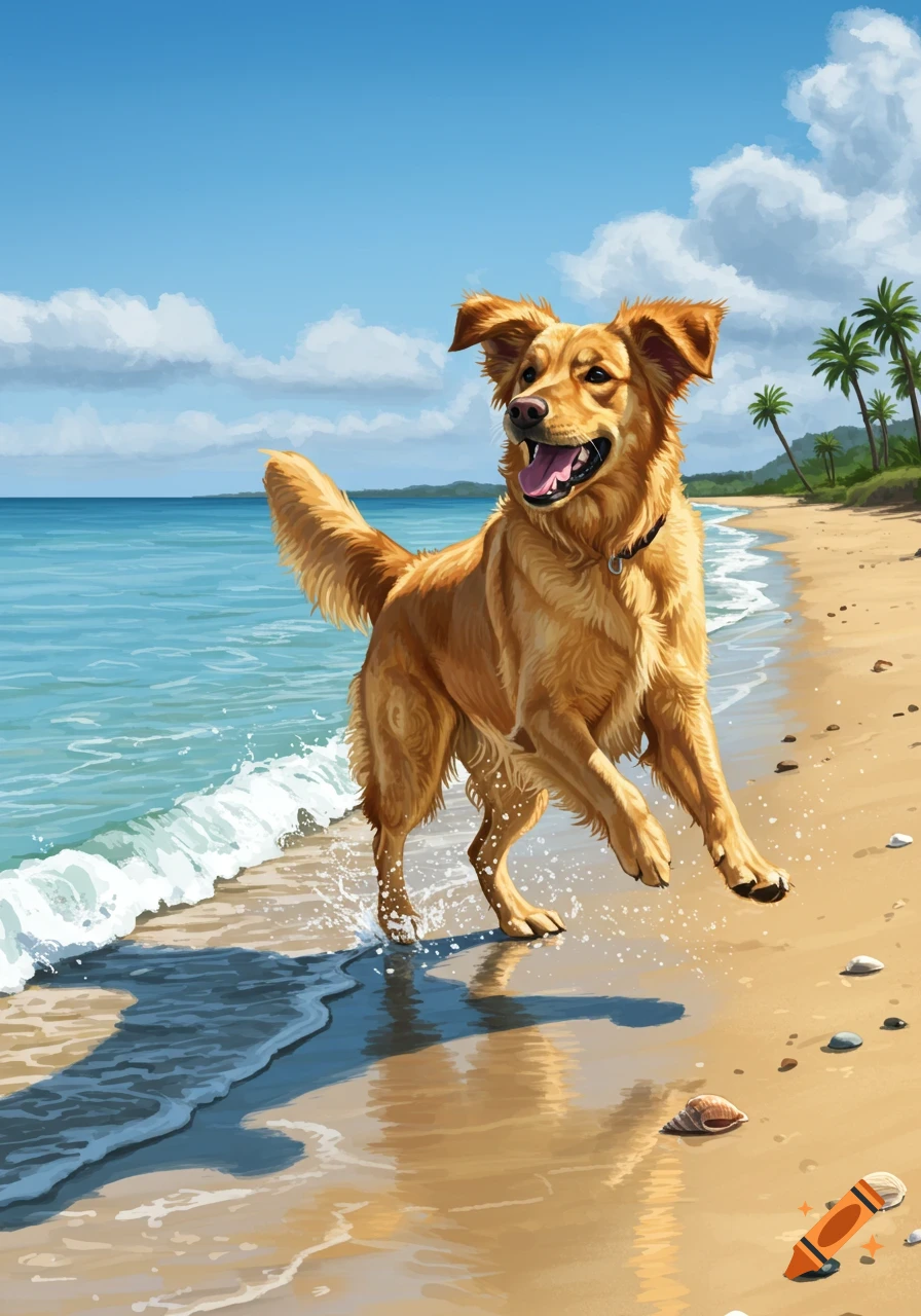A happy golden-colored dog runs through the shallow ocean waves on a sunny sandy beach with palm trees.
