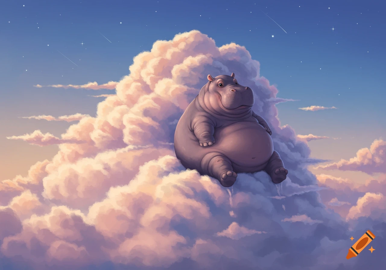 A cute, smiling cartoon hippo sits on a large, fluffy cloud in a starry twilight sky.