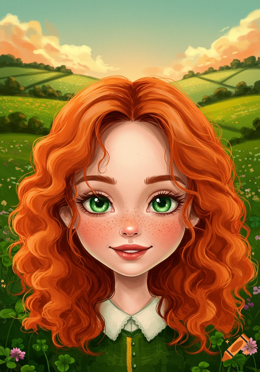 A stylized illustration of a cute redhead girl with green eyes and freckles, wearing a green dress with a white collar, standing in a lush green field under a clear sky.