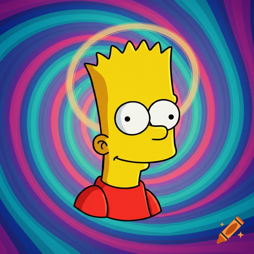 Cartoon bust of Bart Simpson with a halo, smiling slightly against a vibrant, swirling, multi-colored spiral background.
