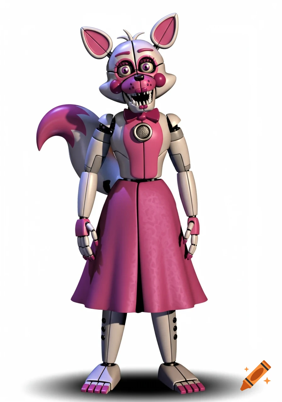 A full body render of a white and pink animatronic fox character, wearing a pink bow tie and skirt, standing with a shadow on a white background.
