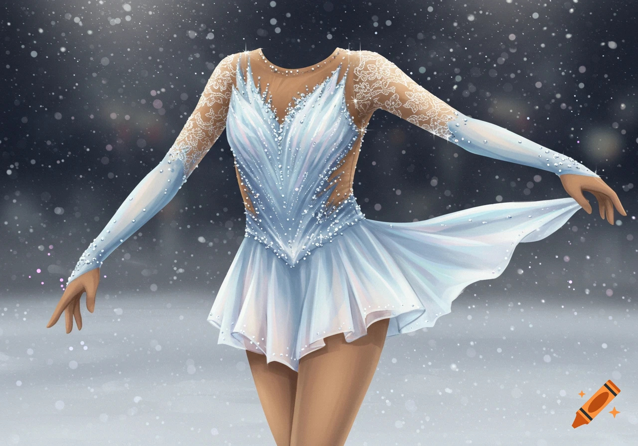 An illustration of a light blue, sparkly figure skating dress on a headless figure, against a snowy background.