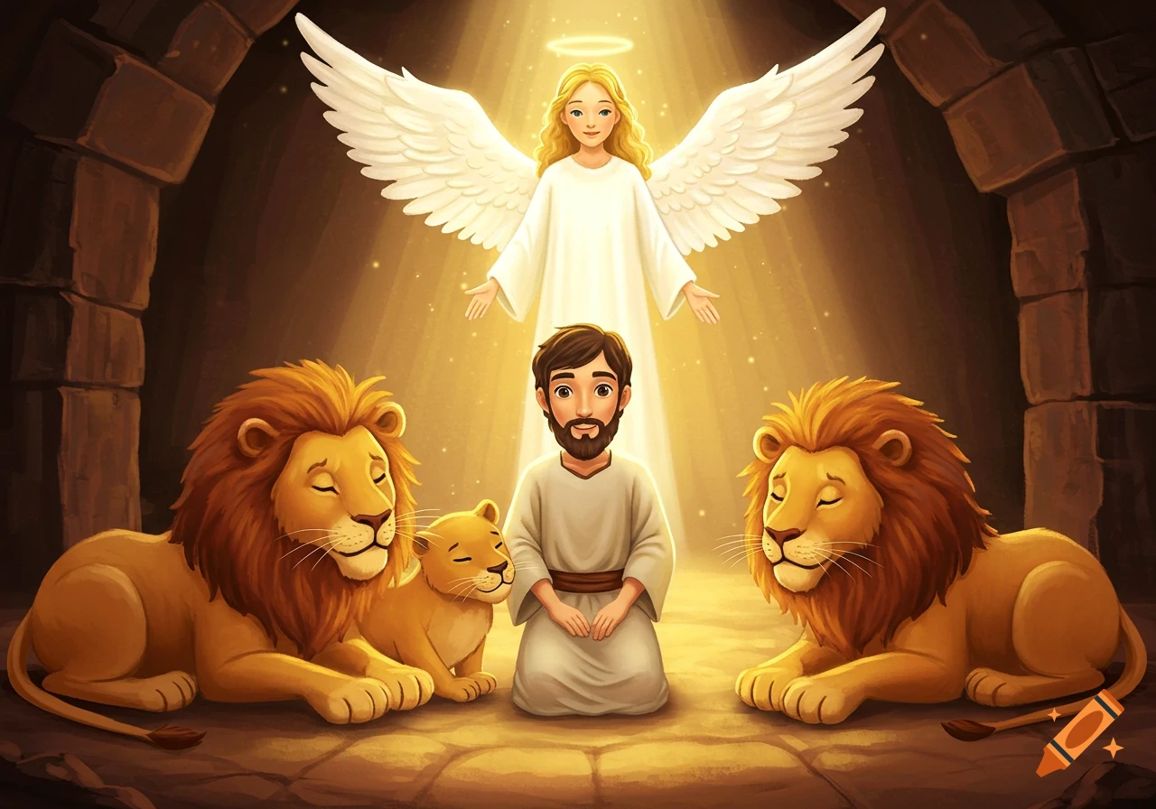 A cartoon of Daniel kneeling in a glowing lion's den with an angel overhead and peaceful lions around him, including a cub.