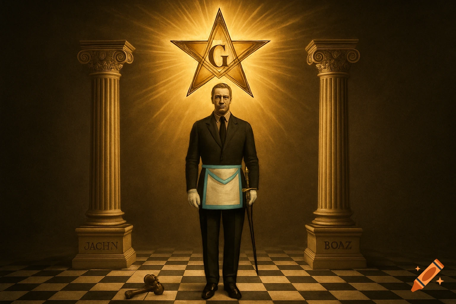 A man in a suit and Masonic regalia stands between two columns beneath a glowing star with a 'G' in the center, on a checkered floor.