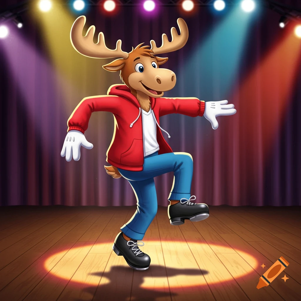 A cartoon moose in a red hoodie and blue pants tap dances on a spotlighted stage.