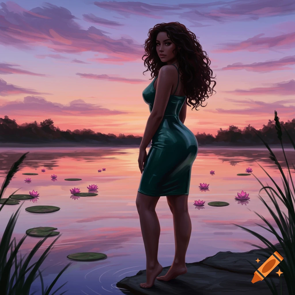 A digitally painted woman with long curly hair stands on a rock by a lake with pink lily pads at sunset.