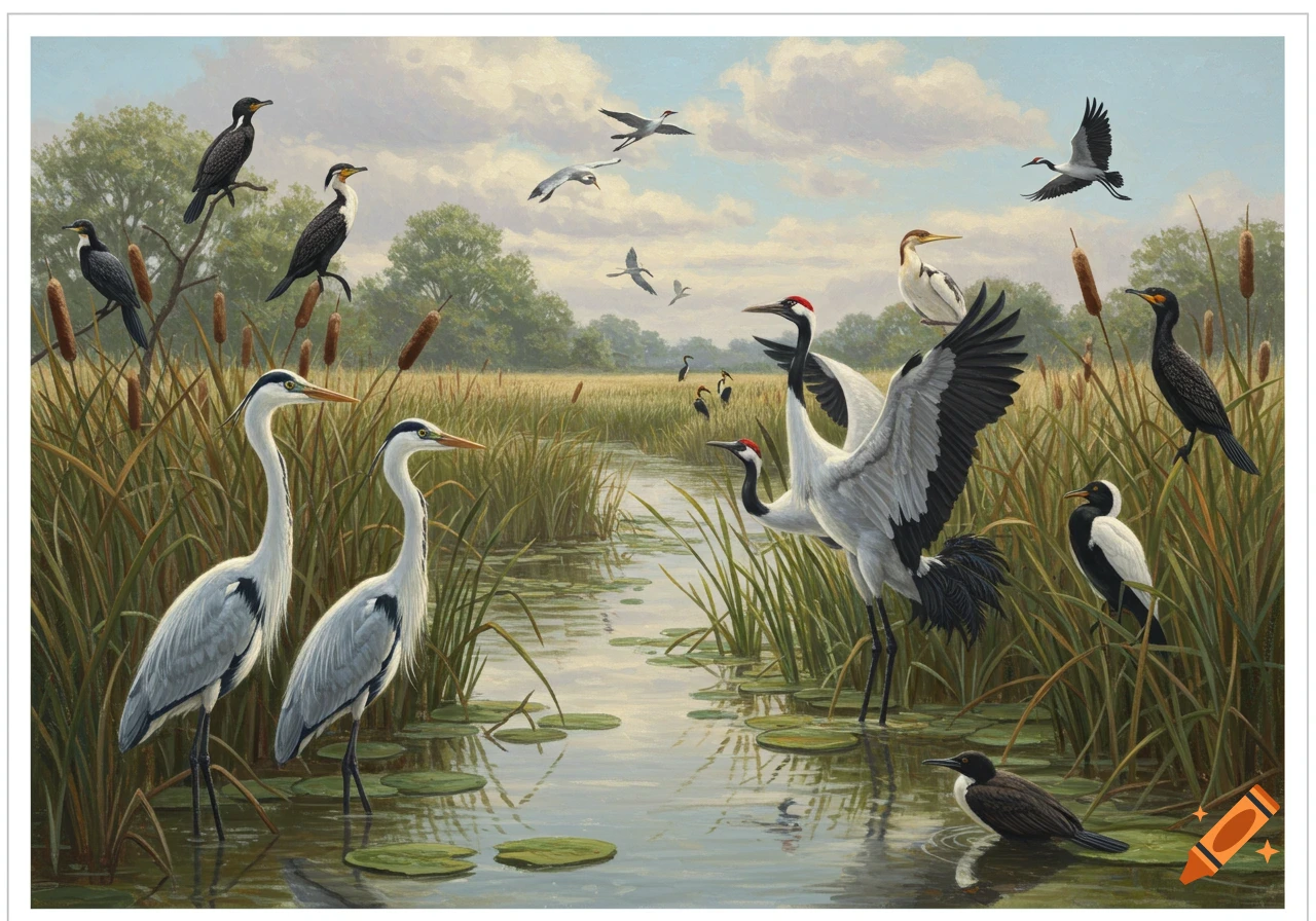 Realistic painting of various birds, including herons and cranes, in a vibrant wetland with reeds and water under a cloudy sky.