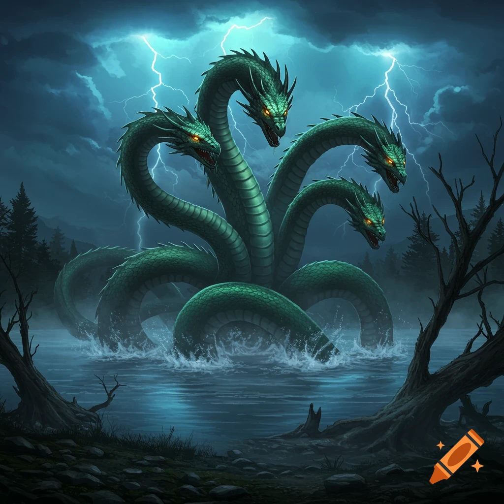 A multi-headed green hydra with glowing eyes emerges from dark water, under a stormy sky with bright lightning. Bare trees are on the misty shores.