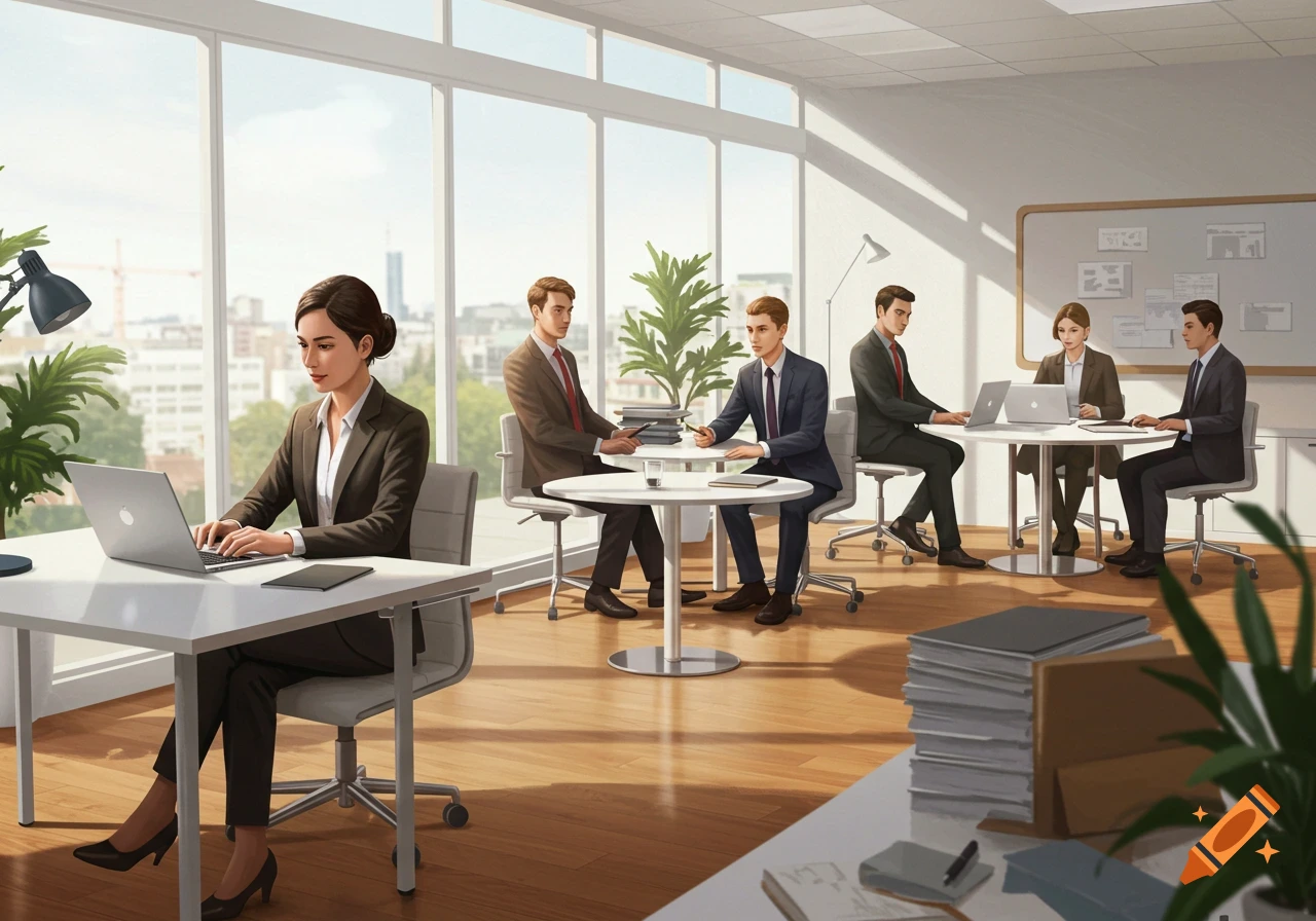 Digital illustration of business professionals working in a modern, bright office with large windows.