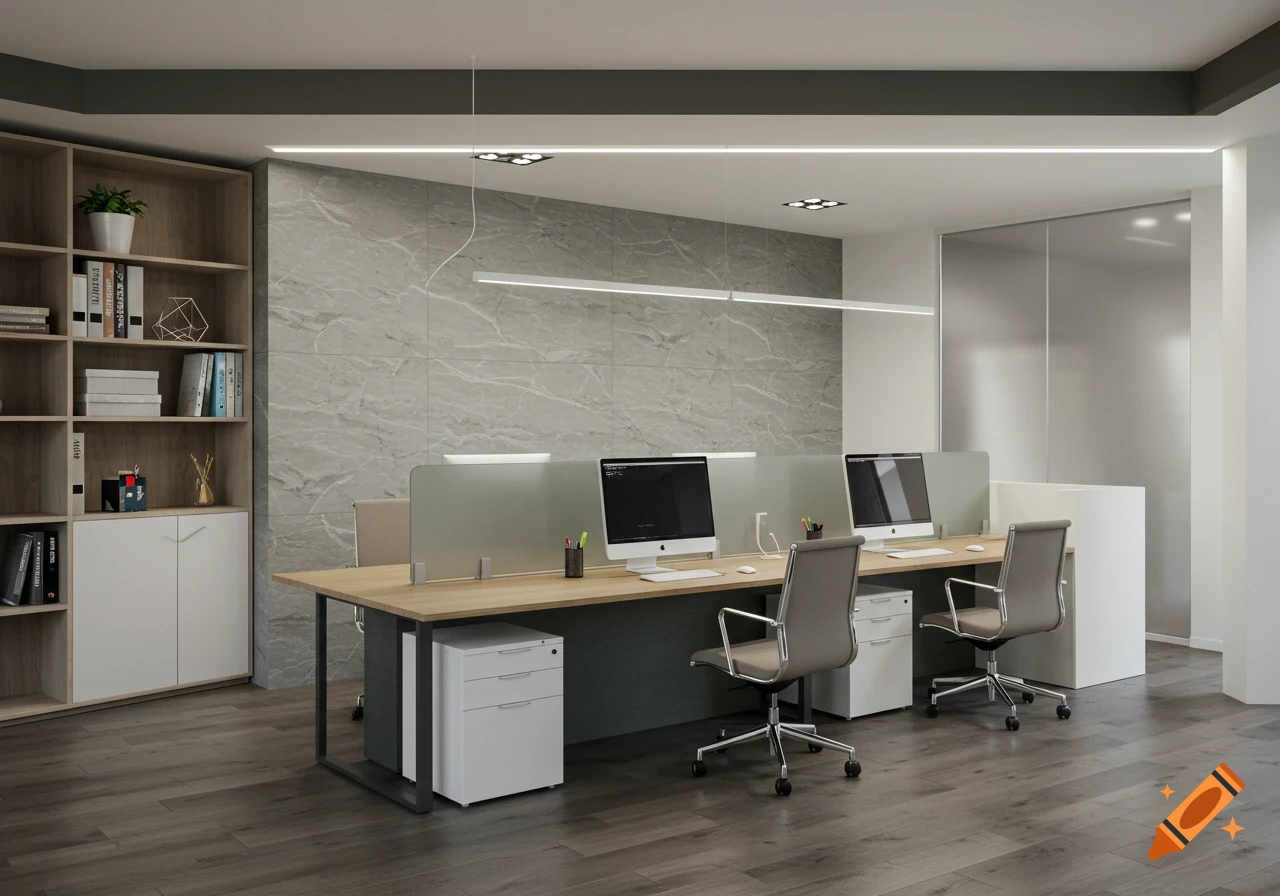 A modern, well-lit open-plan office with multiple workstations, computers, grey office chairs, wooden desks, and a bookshelf.